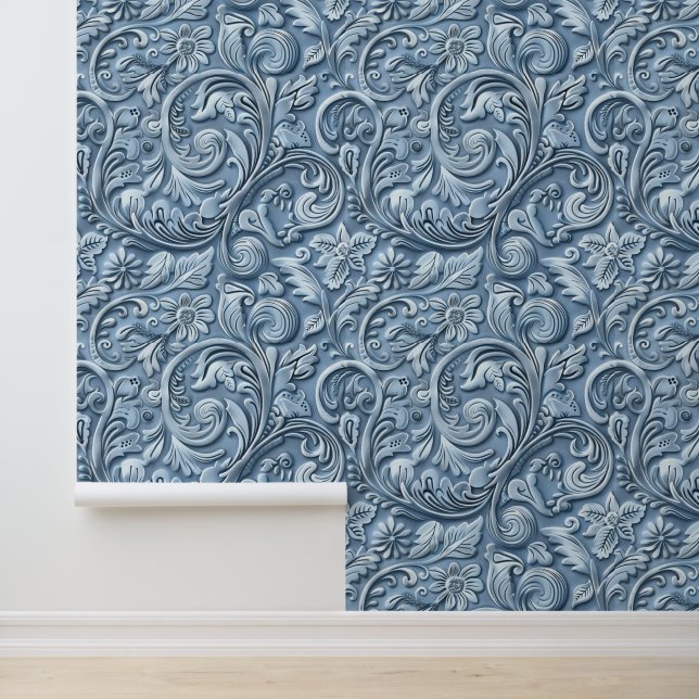 Rustic light blue tooled leather  wallpaper (Application)