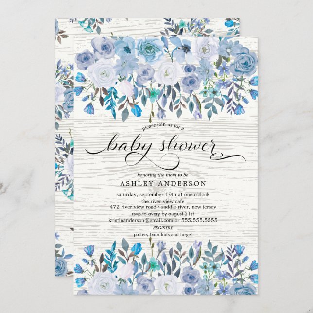 Rustic Light Blue Watercolor Floral Baby Shower Invitation (Front/Back)
