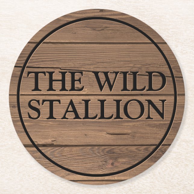 Rustic Light Brown Wood Faux Engraved Name Bar Round Paper Coaster (Front)