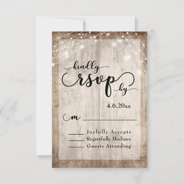 Rustic Light Brown Wood & Lights Wedding RSVP 1 (Front)