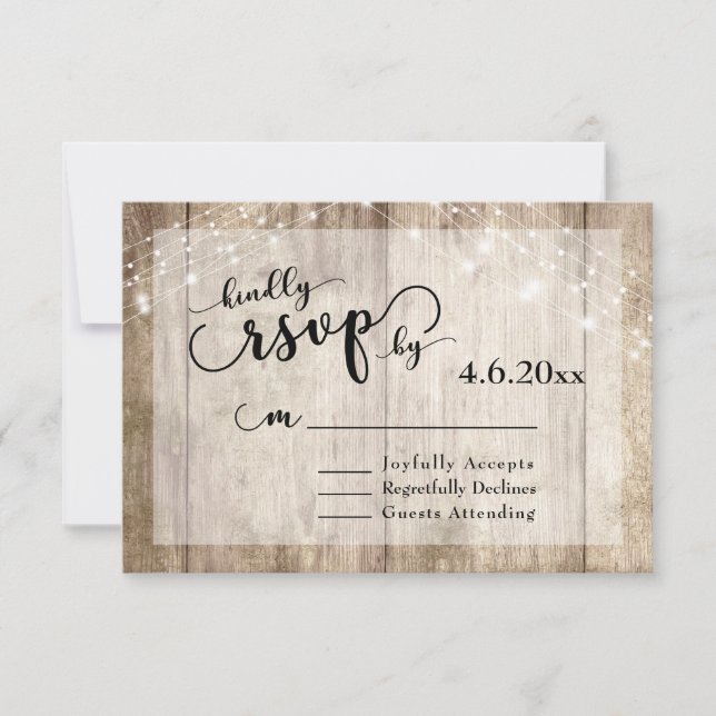 Rustic Light Brown Wood & Lights Wedding RSVP 2 Card (Front)