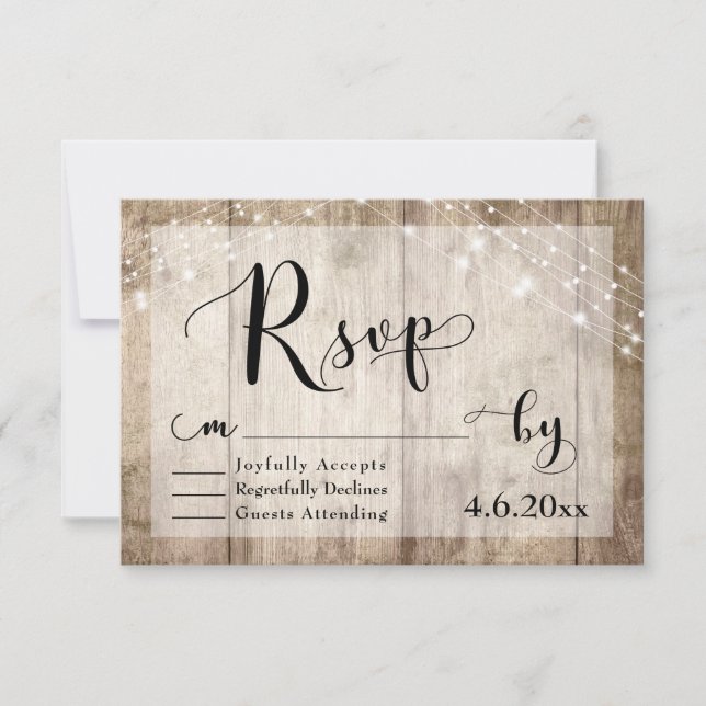 Rustic Light Brown Wood & Lights Wedding RSVP 3 Card (Front)