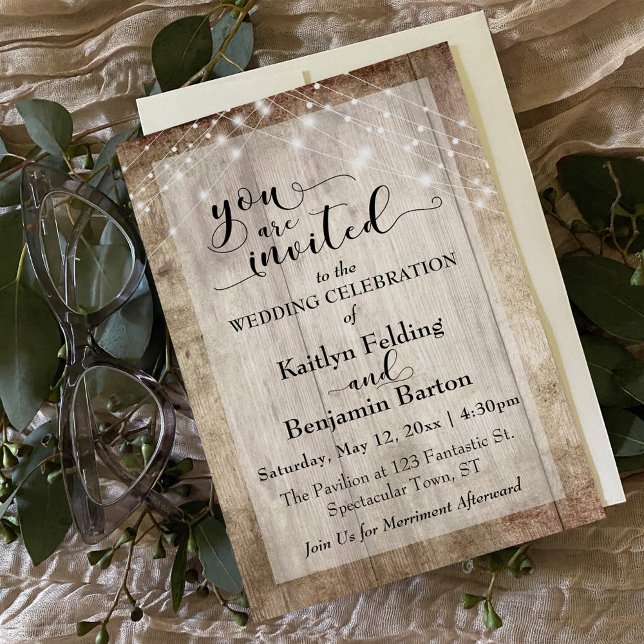 Rustic Light Brown Wood w/ Light Strings, Wedding Invitation (Creator Uploaded)