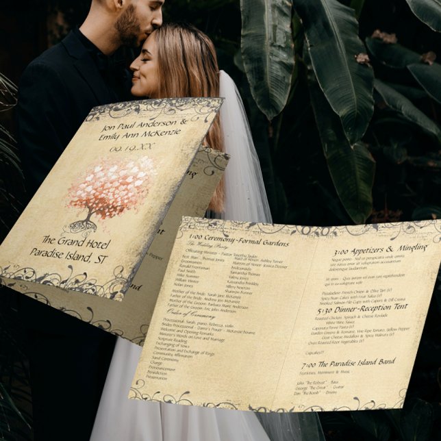 Rustic Light Coral Heart Leaf Tree Wedding Program (Creator Uploaded)