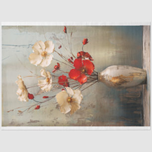 Rustic Light Grey Blue, Beige & Red Flowers & Vase Tissue Paper