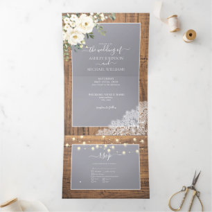 Rustic Light Grey White Floral Wood Photo Wedding Tri-Fold Invitation