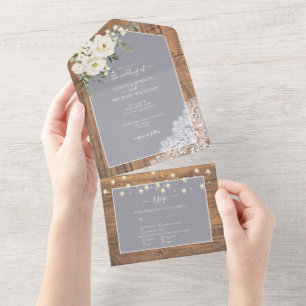 Rustic Light Grey White Floral Wood Wedding All In One Invitation