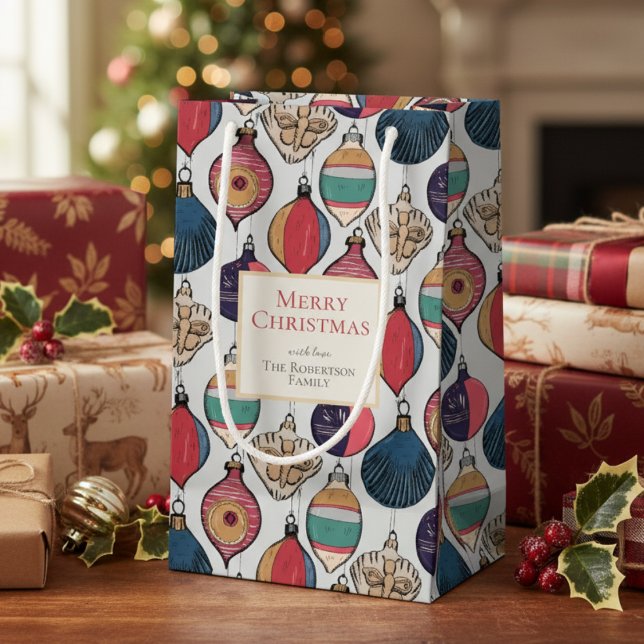Rustic Light Grey Xmas Ornaments Small Gift Bag (Colorful Light Gray Vintage Ornaments Xmas Wrapping Paper. Retro Chic Xmas Holiday Season Pattern)