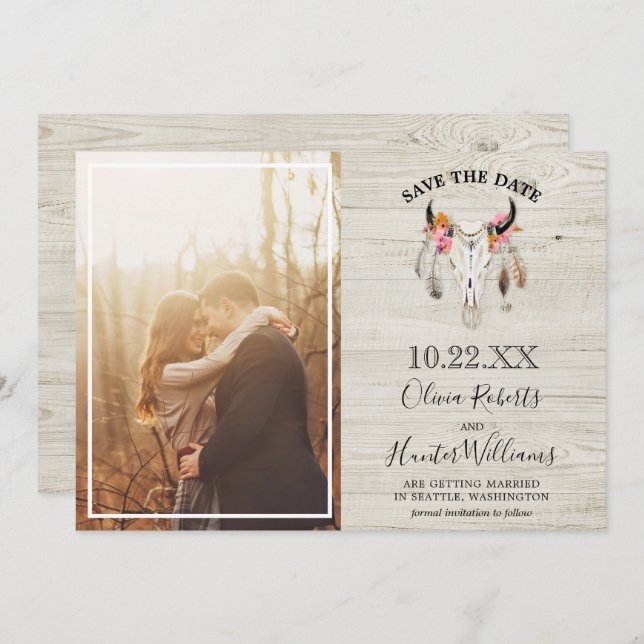Rustic Light Wood Antler Photo Save the Date  Invitation (Front/Back)