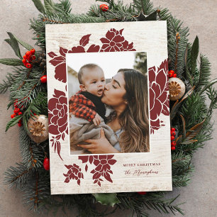 Rustic Light Wood   Red Floral Photo   Holiday Card