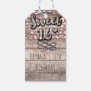 Rustic Light Wood & String Lights Sweet 16 Party Gift Tags