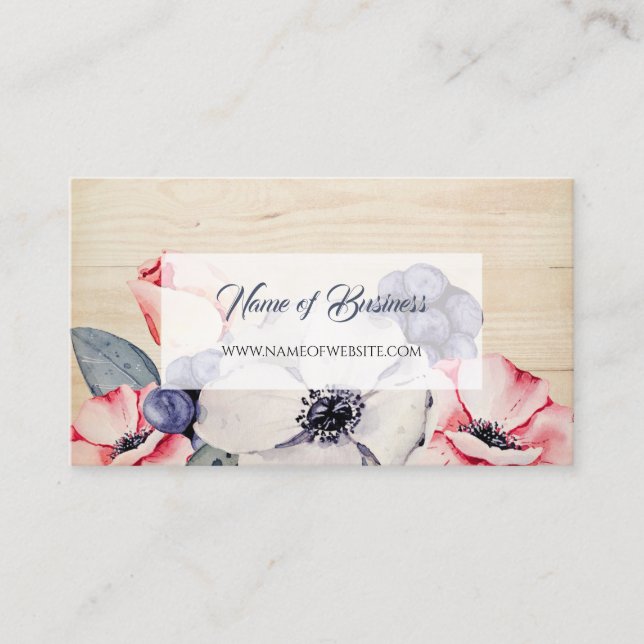 Rustic Light Wood Summer Blossom and Blueberries Business Card (Front)