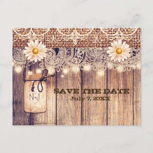 Rustic Lighted Mason Jar & Daisies Save the Date Announcement Postcard (Front)