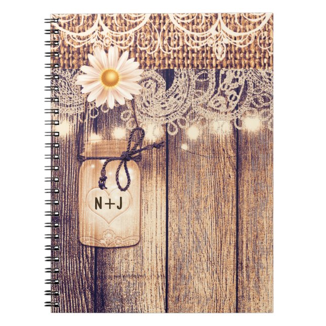 Rustic Lighted Mason Jars Daisies & Lace Spiral Notebook (Front)