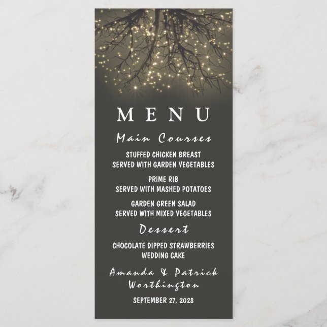 Rustic Lighted Tree Branch Wedding Menu Cards (Front)