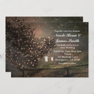 Rustic Lighted Tree in Field Wedding Invitations