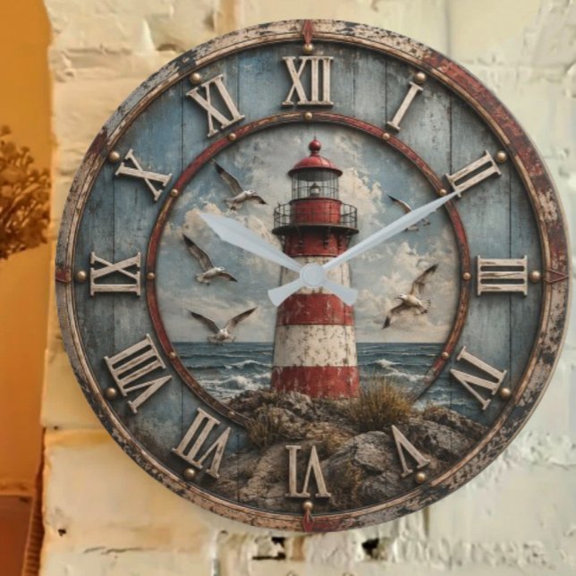 Rustic Lighthouse Coastal Nautical Beach House  Large Clock (Creator Uploaded)