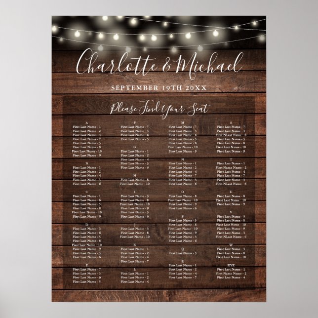 Rustic Lights Alphabetical Wedding Seating Chart (Front)