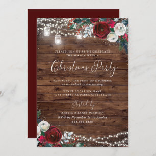 Rustic Lights Burgundy Floral Snow Christmas Invitation