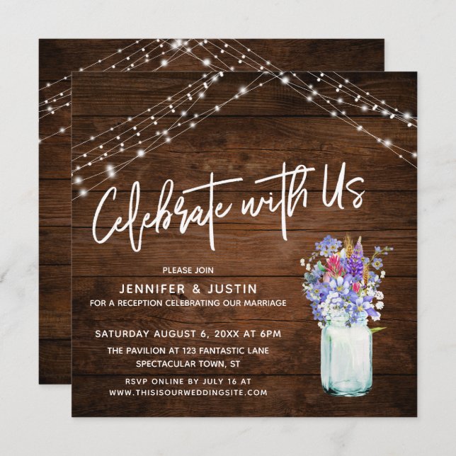 Rustic Lights Celebrate With Us Wildflowers in Jar Invitation (Front/Back)