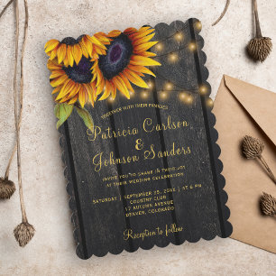Rustic lights gold sunflowers barn wood wedding invitation