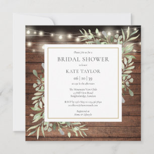 Rustic Lights Greenery Photo QR Code Bridal Shower Invitation