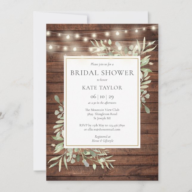 Rustic Lights Greenery QR Code Photo Bridal Shower Invitation (Front)