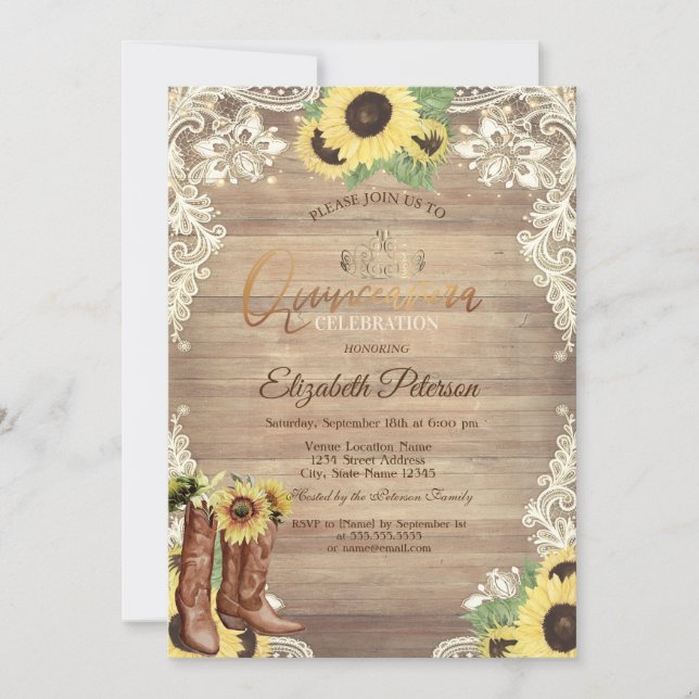 Rustic Lights,Lace,Boots Sunflowers Quinceañera Invitation (Front)