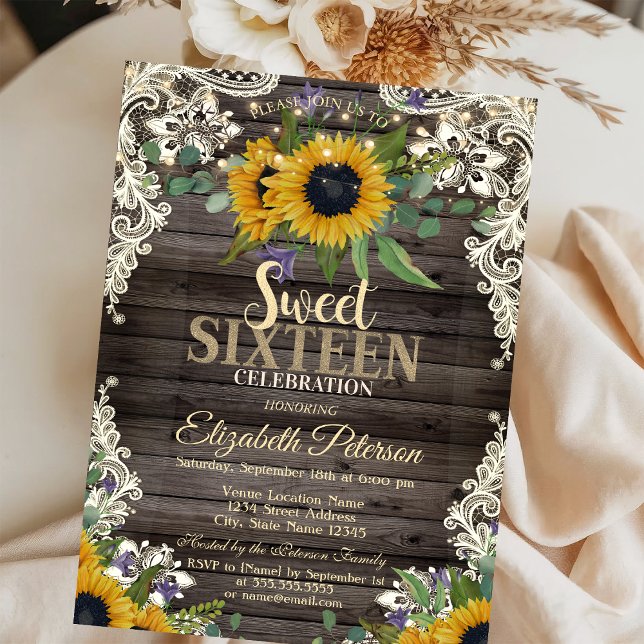 Rustic Lights,Lace Sunflowers Dark Wood Sweet 16  Invitation (Creator Uploaded)