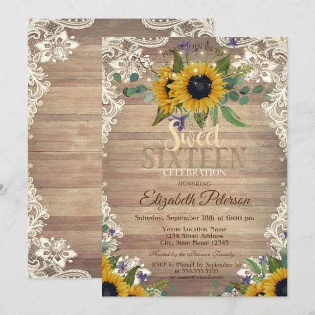 Rustic Lights,Lace Sunflowers Sweet 16 Party Invitation (Front/Back)