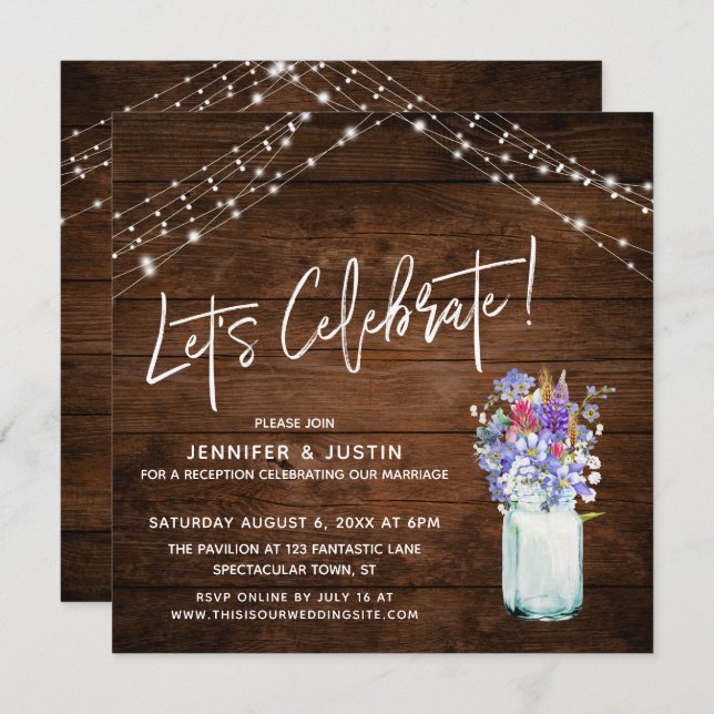 Rustic Lights Let's Celebrate Wildflowers in Jar Invitation (Front/Back)