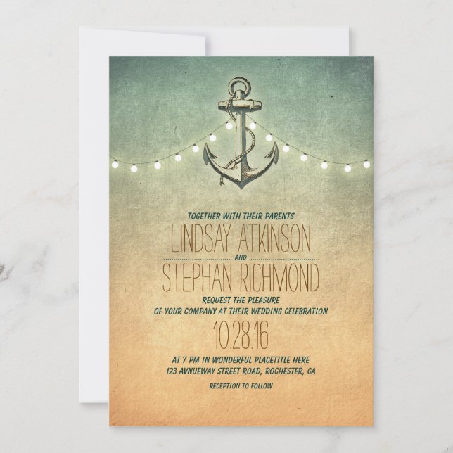 Rustic lights nautical anchor wedding invitation (Front)