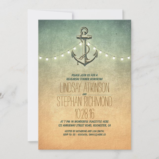 Rustic lights nautical rehearsal dinner invitation (Front)