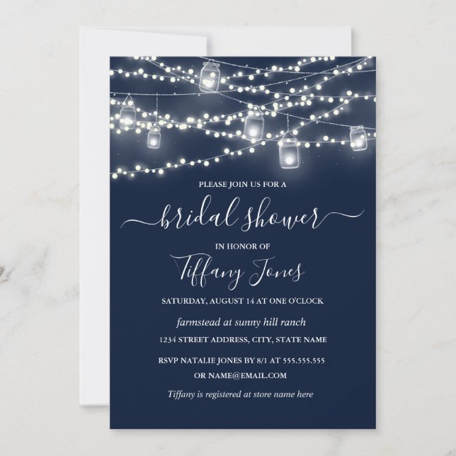 Rustic Lights Navy Bridal Shower Invitation (Front)