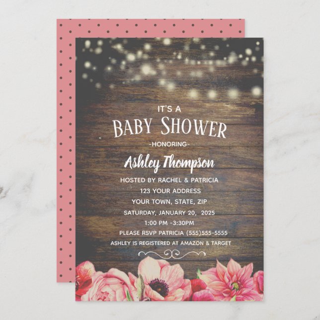 Rustic  Lights Pink and Brown Baby Shower      Invitation (Front/Back)