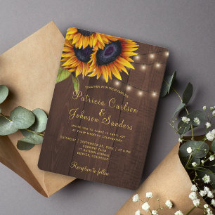 Rustic lights sunflower barn wood wedding invitation