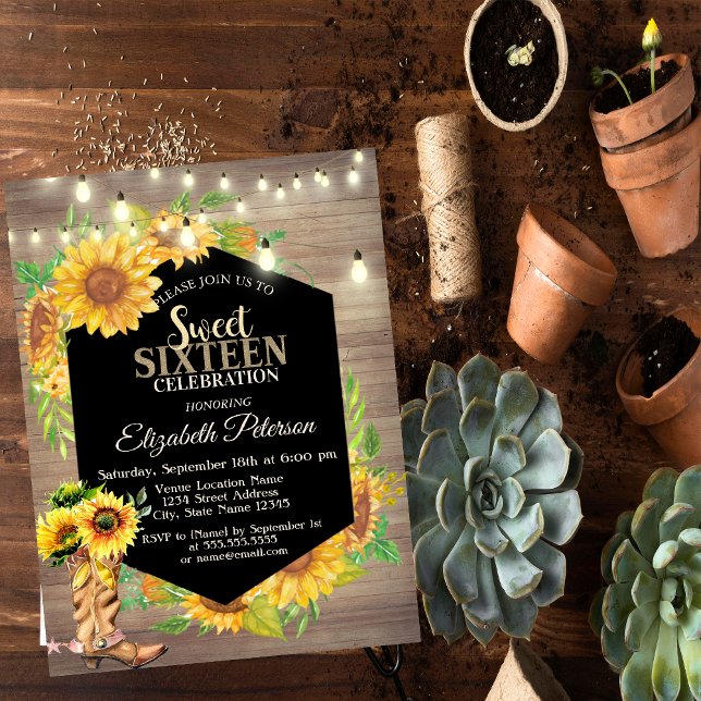 Rustic Lights,Sunflowers Wood Country Sweet 16 Invitation (Creator Uploaded)