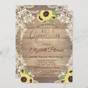 Rustic Lights,Tiara,Lace Sunflowers Quinceañera Invitation