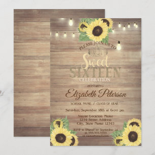 Rustic Lights,Tiara, Sunflowers Sweet 16 Party Invitation