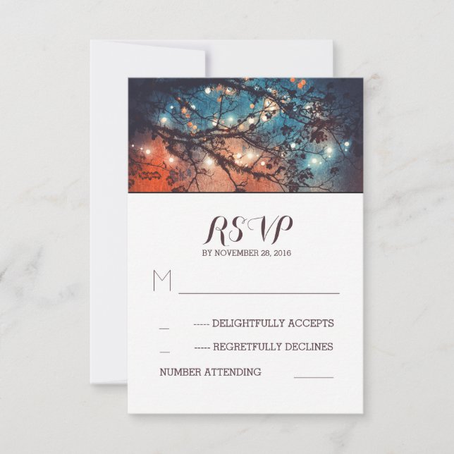Rustic lights wedding RSVP cards (Front)