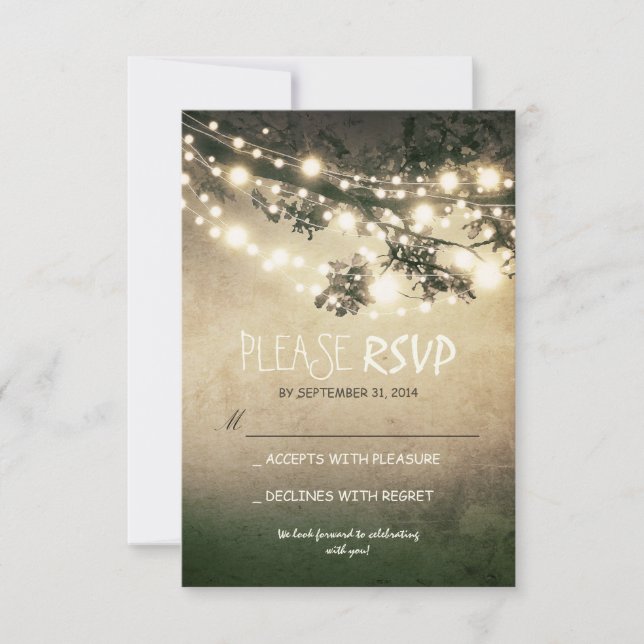 Rustic lights wedding RSVP cards (Front)