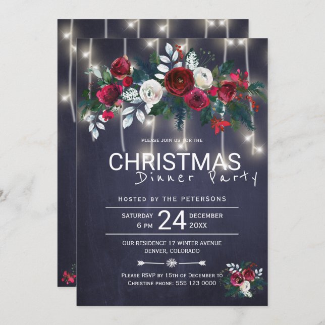 Rustic Lights Winter Floral Christmas Dinner Party Invitation (Front/Back)