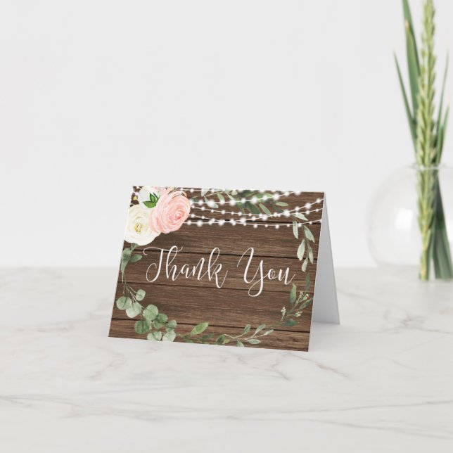 Rustic lights wood blush pink white greenery thank you card (Front)