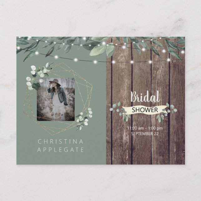 Rustic Lights & Wood Photo Sage Bridal Shower II Invitation Postcard (Front)