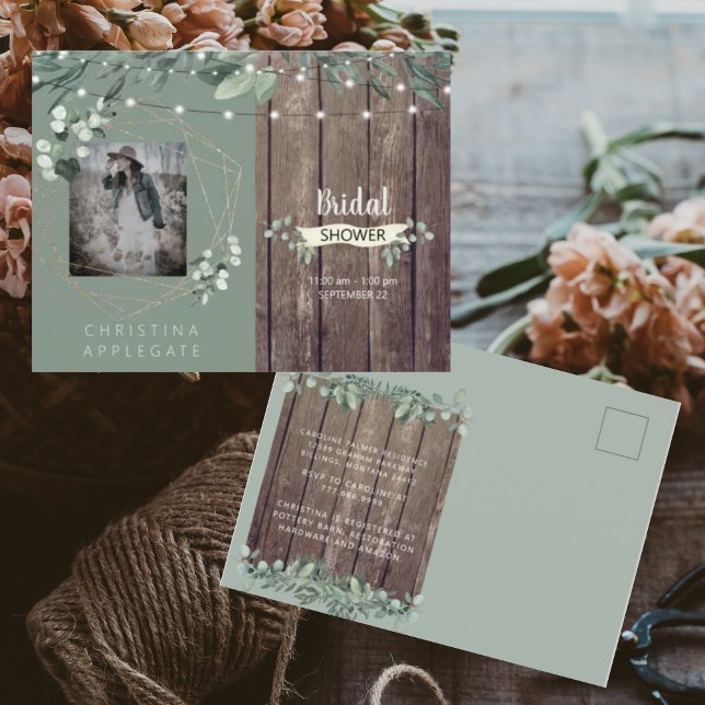 Rustic Lights & Wood Photo Sage Bridal Shower Invitation Postcard (Creator Uploaded)