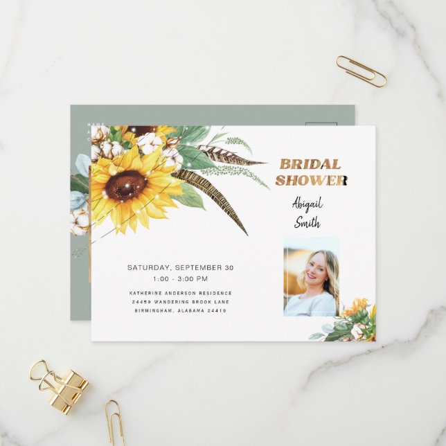 Rustic Lights Wood Sunflower Bridal Shower Photo  Invitation Postcard (Front/Back In Situ)