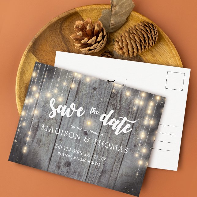 Rustic Lights Wood Wedding Save The Date Announcement Postcard (Rustic Lights Wood Wedding Save The Date Announcement Postcard)