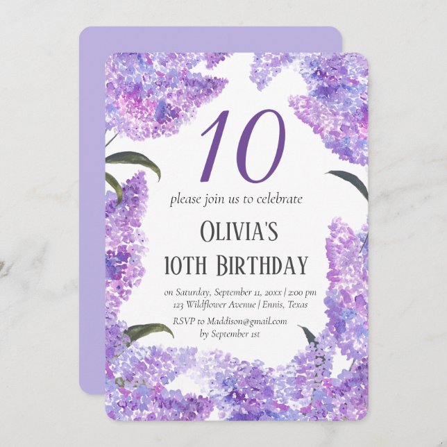 Rustic Lilac 10th Birthday Wildflower Birthday  Invitation (Front/Back)