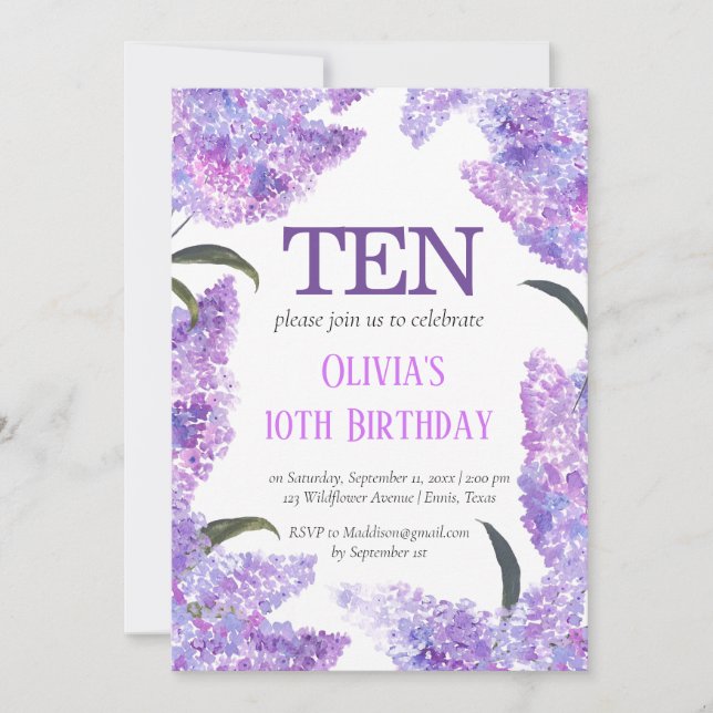 Rustic Lilac 10th Birthday Wildflower Birthday  Invitation (Front)