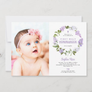 Rustic Lilac Flowers Photo First Holy Communion Invitation